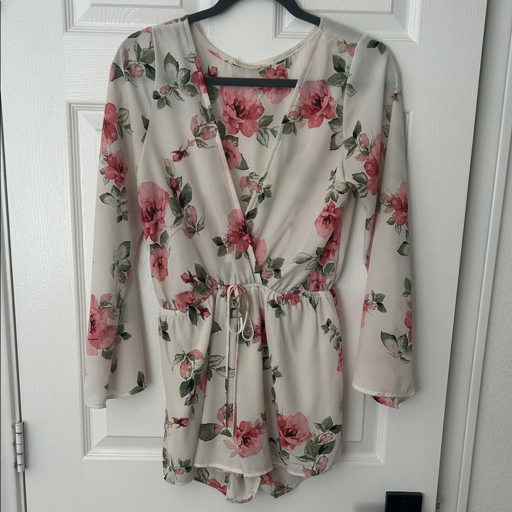 Audrey Floral Women's Romper - Cream and Pink